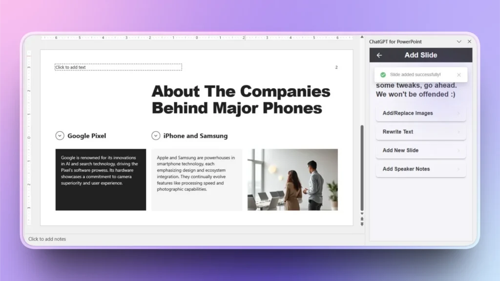 PowerPoint slide titled "About The Companies Behind Major Phones" with text on Google Pixel and iPhone Samsung.