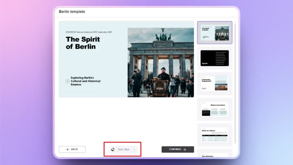 Screenshot of a presentation slide titled "The Spirit of Berlin" with an image of Brandenburg Gate and people.