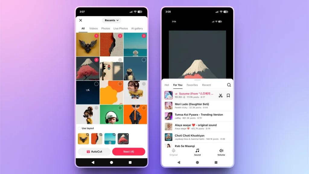 Two smartphones displaying photo selection and music playlist interfaces on pastel gradient background.