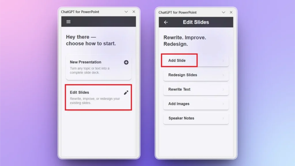 Two ChatGPT for PowerPoint app screens with slide editing options highlighted in red boxes.