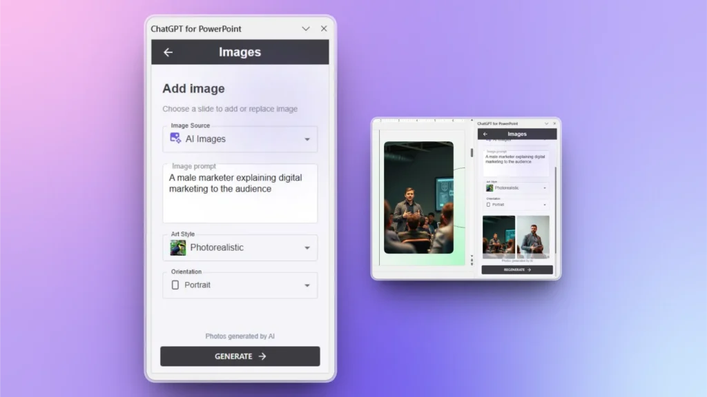 Screenshot of ChatGPT for PowerPoint interface showing AI image generation options and preview.