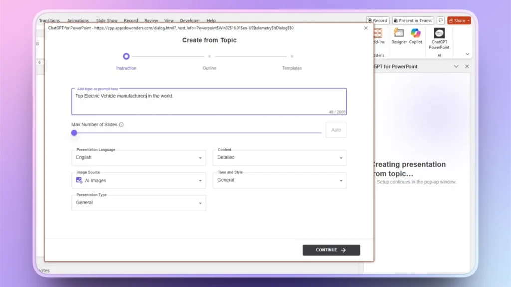 Screenshot of ChatGPT for PowerPoint interface creating a presentation on top electric vehicle manufacturers.