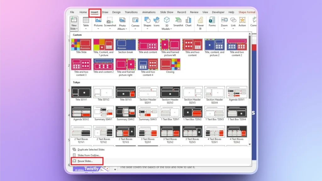 Screenshot of a presentation software Insert tab with slide layout options and Reuse Slides feature highlighted.