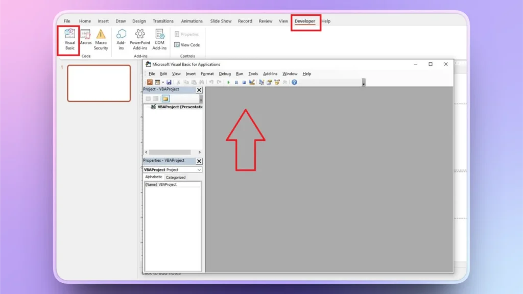 Screenshot of Microsoft PowerPoint with Developer tab and Visual Basic editor open, featuring a red arrow.