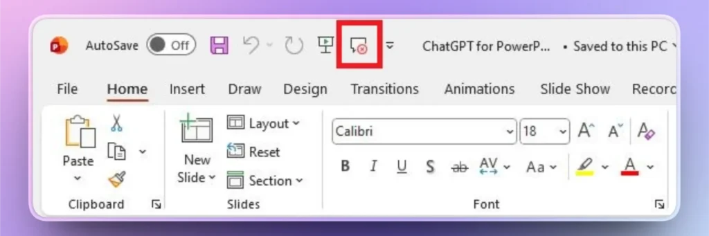 Screenshot of Microsoft PowerPoint toolbar showing Home tab with clipboard, slides, and font options, and a highlighted icon in red.