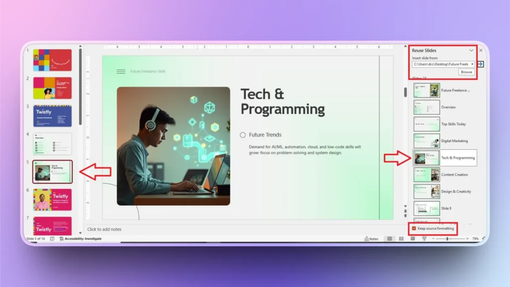 Screenshot of a PowerPoint slide titled "Tech & Programming" with a person working on a laptop wearing headphones.