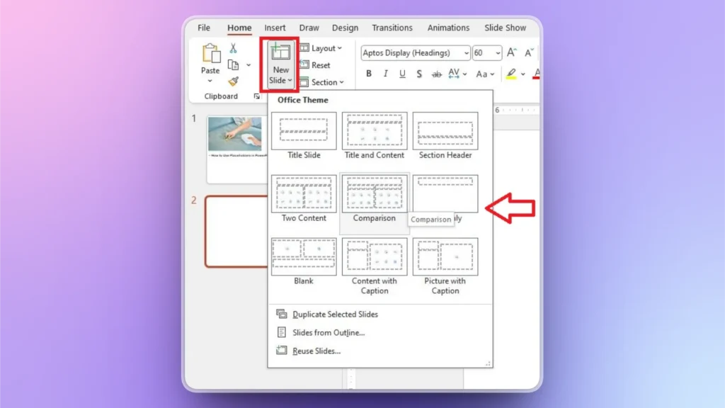 Screenshot of Microsoft PowerPoint interface with the "New Slide" dropdown menu open, displaying slide layout options.
