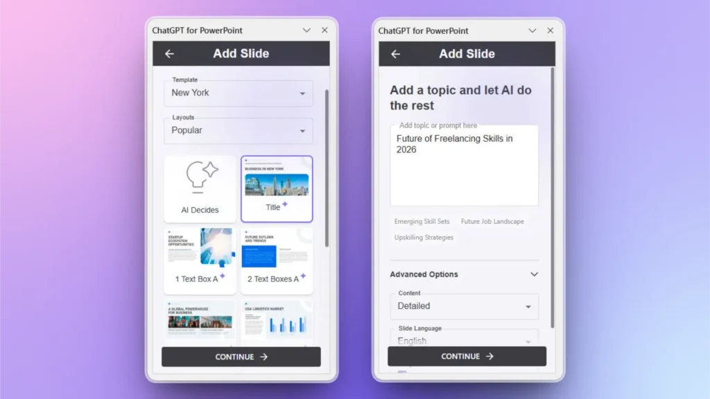 User interface of ChatGPT for PowerPoint showing slide template selection and AI topic input fields.