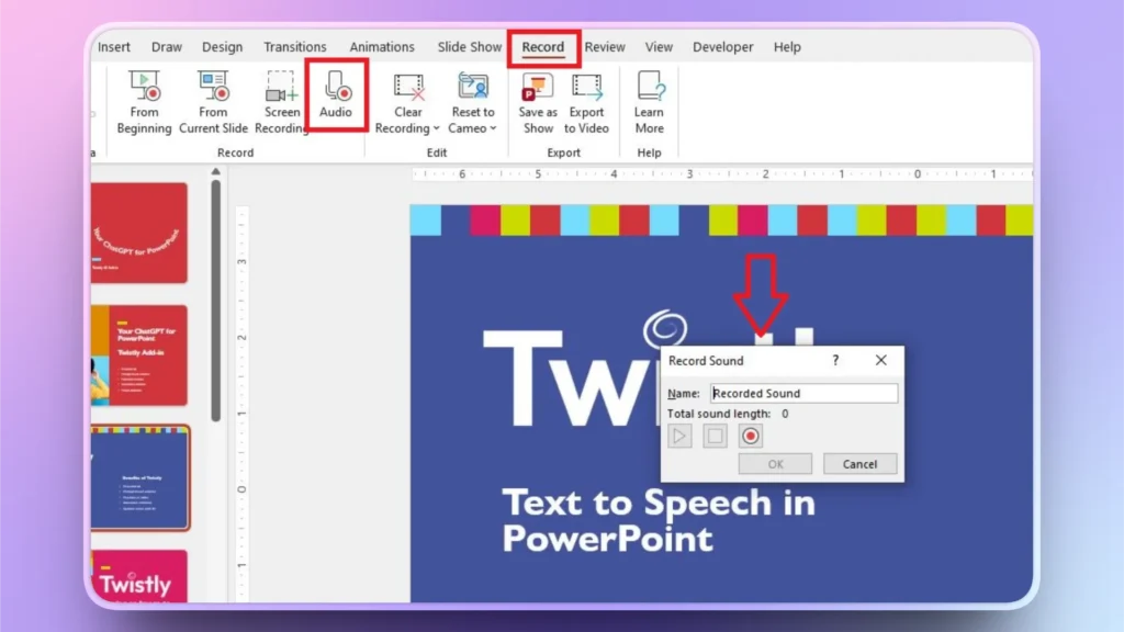 Screenshot of PowerPoint interface showing the Record tab with Audio recording options highlighted.