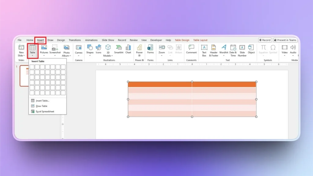 Screenshot of a presentation software interface with the Insert tab selected and table insertion options displayed.