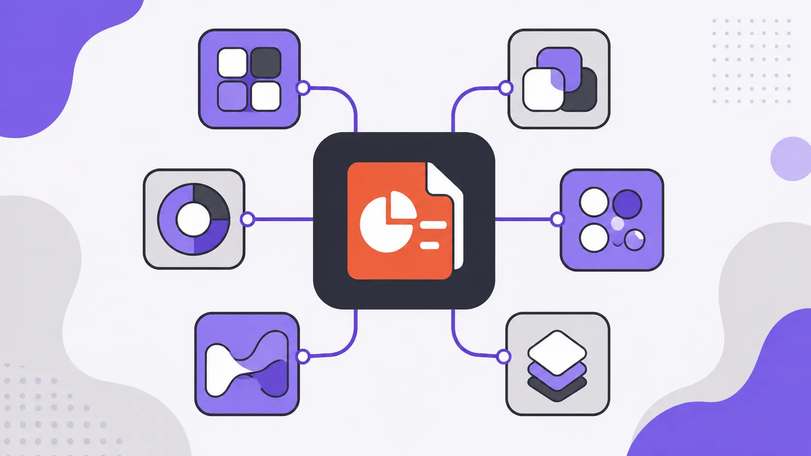 Diagram featuring a central orange presentation file icon connected to six purple and gray data visualization icons.