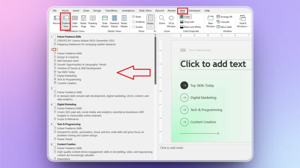 PowerPoint interface showing Outline View and View tab highlighted, with slide text and bullet points.