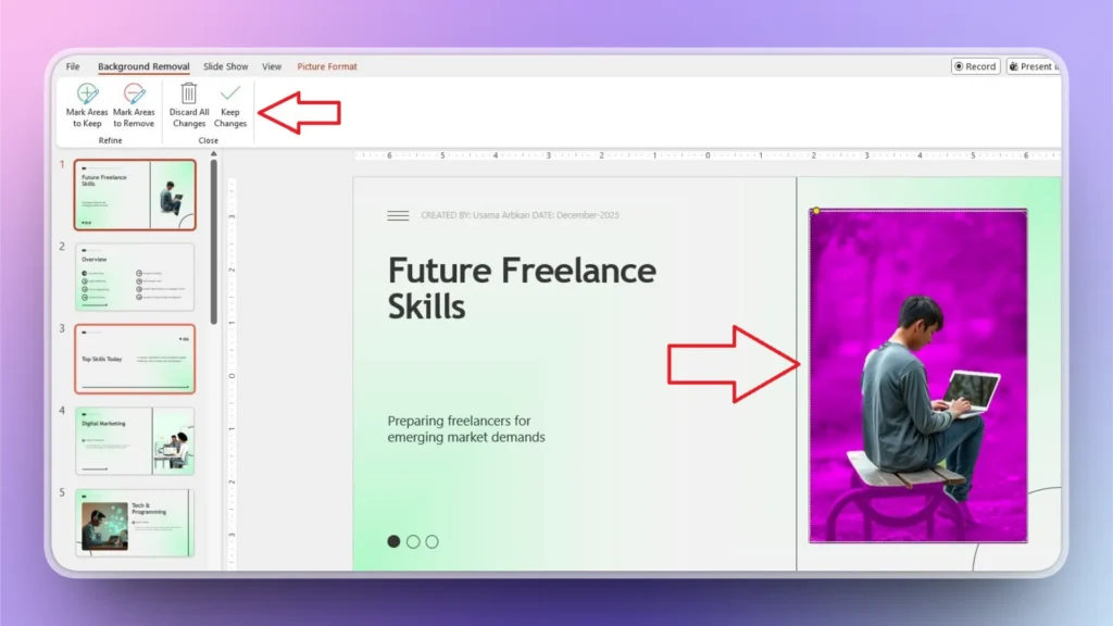 Screenshot of a presentation slide titled "Future Freelance Skills" with a man using a laptop on a bench.