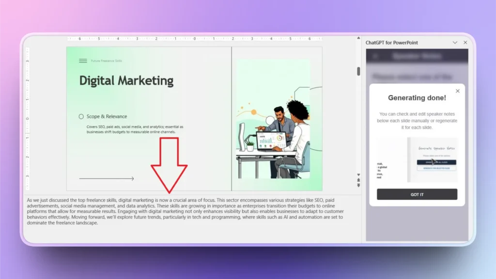 Screenshot of a PowerPoint slide titled "Digital Marketing" with text and an illustration of two people working at a computer.