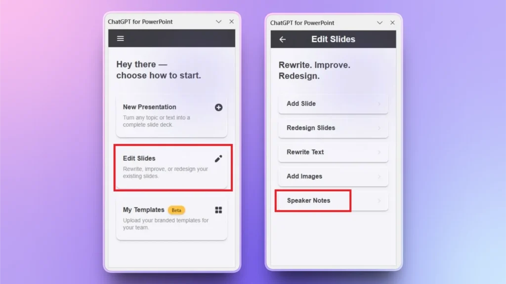 Screenshot of ChatGPT for PowerPoint interface with "Edit Slides" and "Speaker Notes" options highlighted.