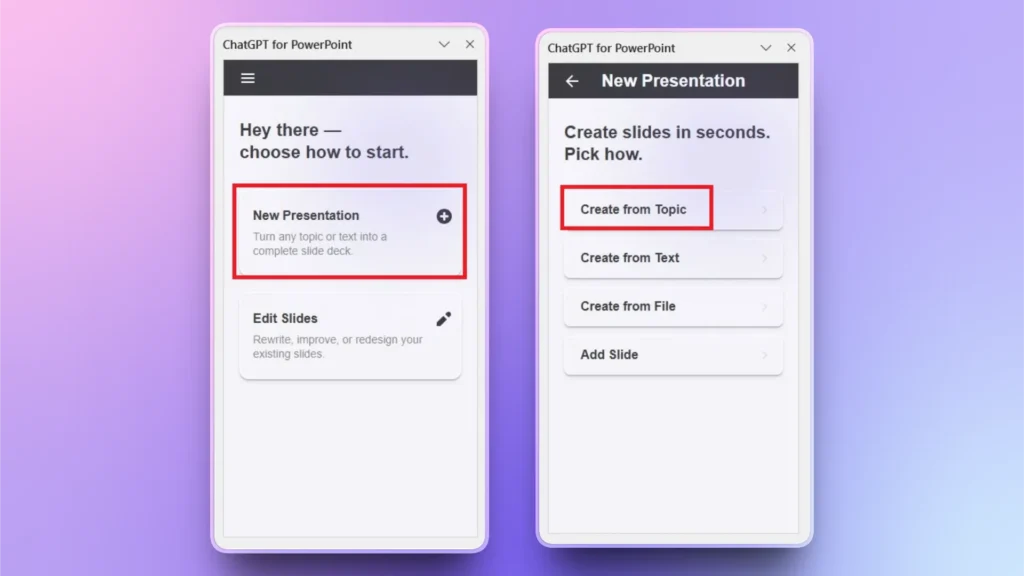 Screenshot of ChatGPT for PowerPoint interface showing options to create or edit presentations.