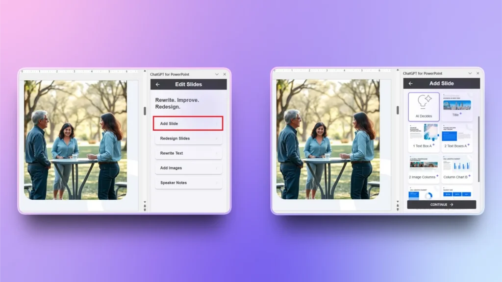 Two side-by-side software interface screens displaying ChatGPT for PowerPoint slide editing and adding options.