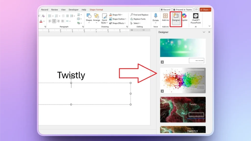 Screenshot of PowerPoint with "Twistly" text and Designer pane showing slide design options.