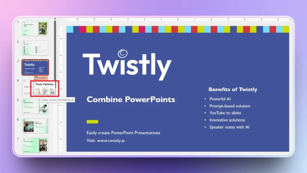 Screenshot of a PowerPoint slide titled "Twistly" with benefits and a colorful border on a purple background.