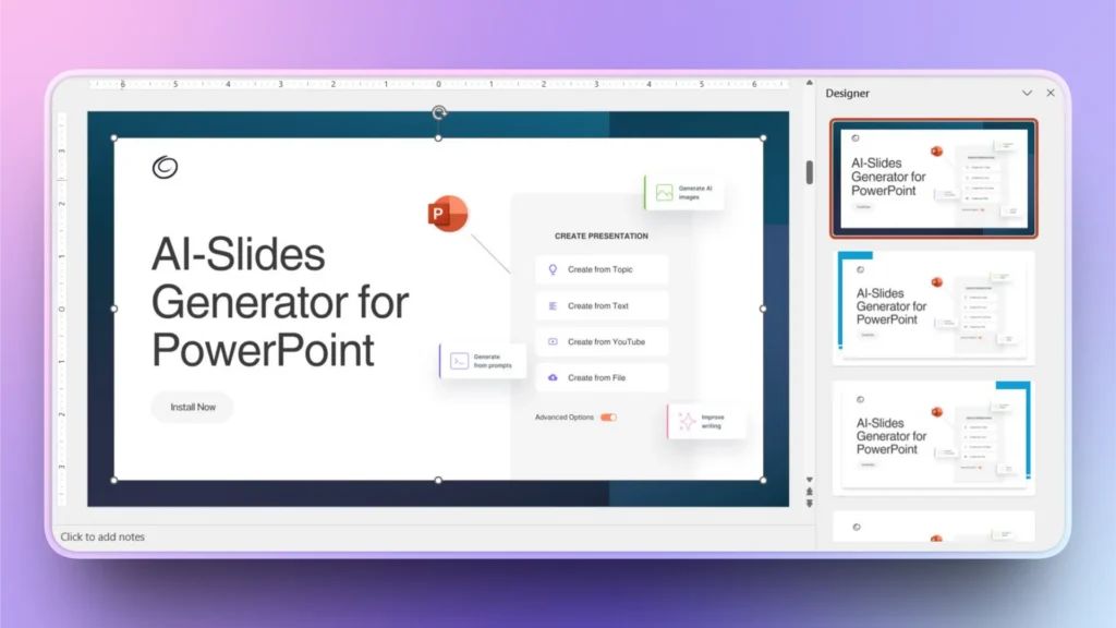 Screenshot of a PowerPoint slide showcasing AI-Slides Generator features with a purple gradient background.