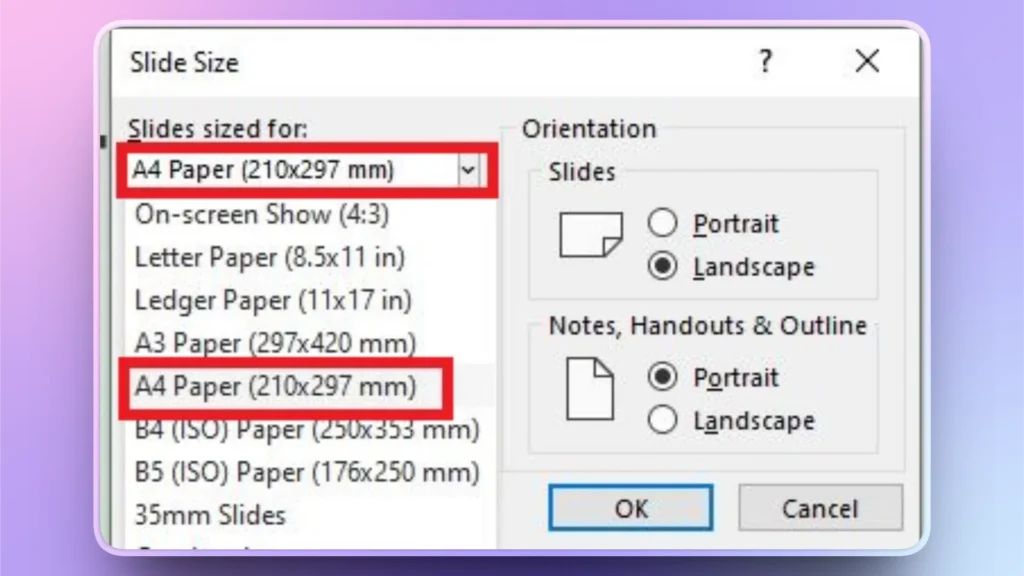 Screenshot of slide size settings dialog box with A4 Paper (210x297 mm) selected and highlighted.