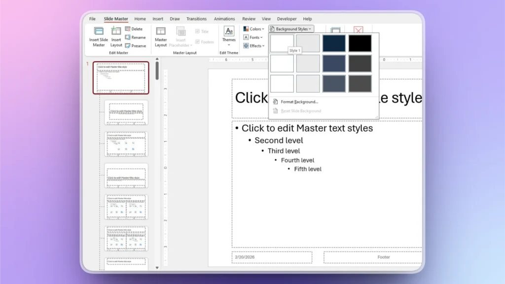 Screenshot of a presentation software Slide Master view with background style options open.