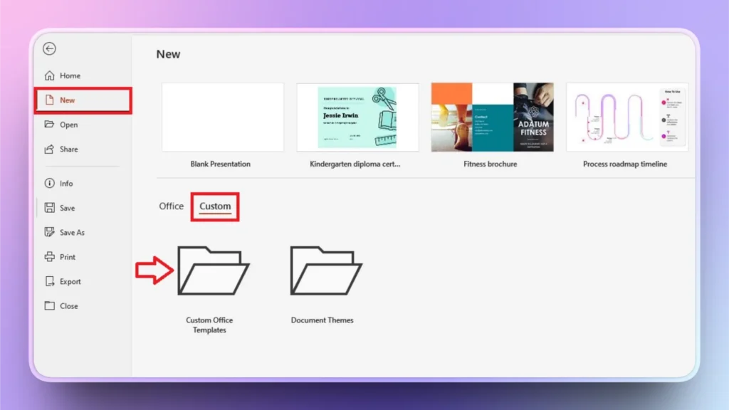 Screenshot of a software interface showing "New" document options with highlighted "Custom" folder.
