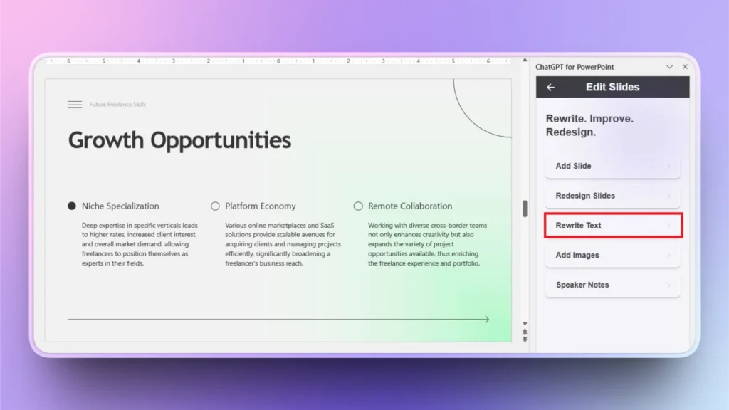 Screenshot of a PowerPoint slide titled "Growth Opportunities" with a sidebar menu for editing slides.