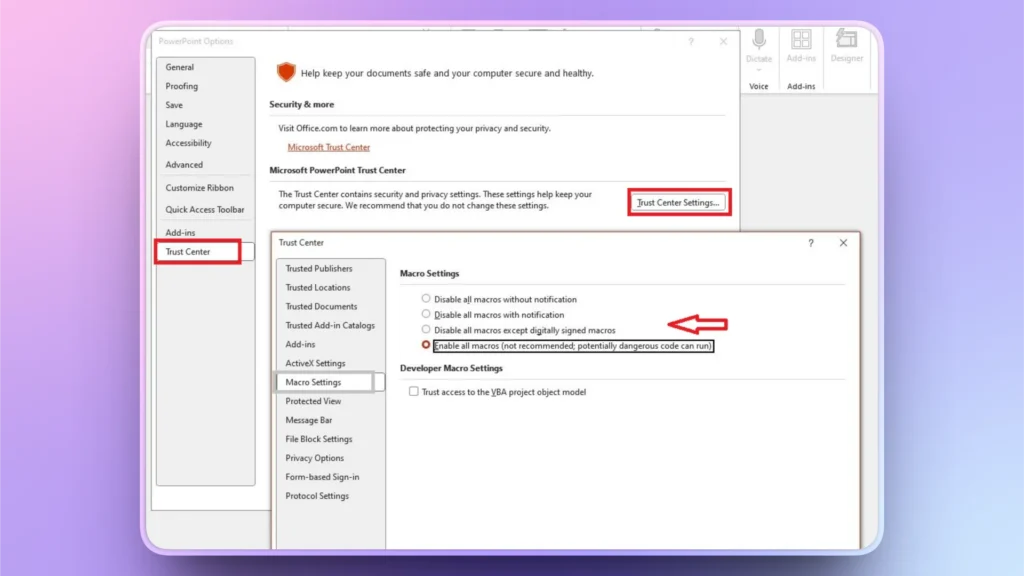 Microsoft PowerPoint Trust Center macro settings window with "Enable all macros" option selected and highlighted.