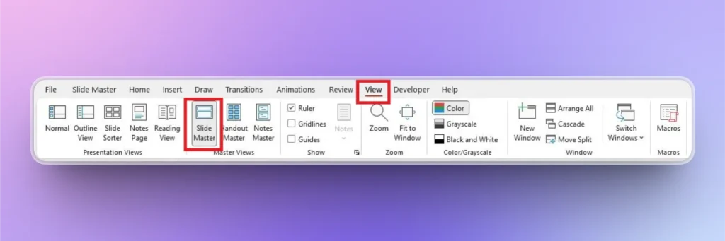 Screenshot of Microsoft PowerPoint toolbar with "View" tab and "Slide Master" option highlighted.