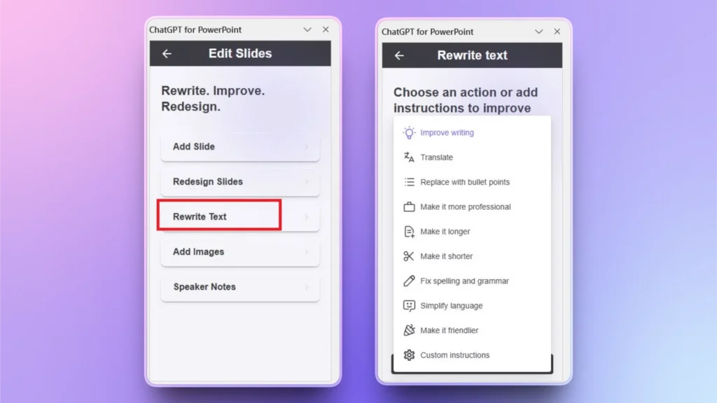 User interface of ChatGPT for PowerPoint showing slide editing and text rewriting options.