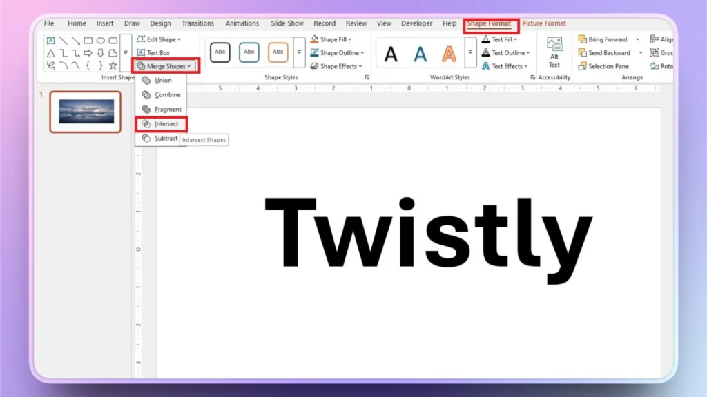 Screenshot of PowerPoint interface showing "Shape Format" tab with "Merge Shapes" dropdown expanded and "Intersect" option highlighted, displaying the word "Twistly" in bold black text on a white slide.