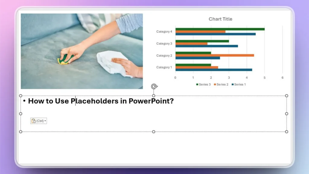 Presentation slide with an image of hand cleaning a couch and a horizontal bar chart titled "Chart Title.