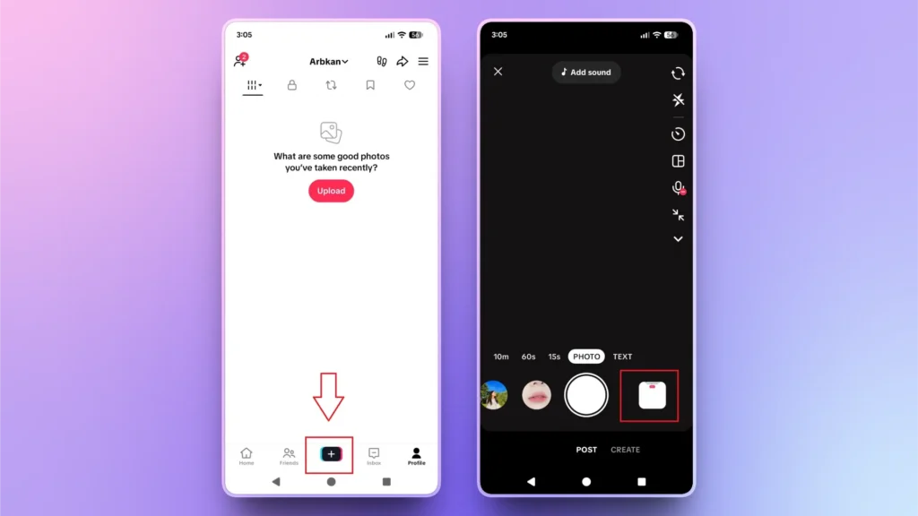 Two smartphones displaying social media app interfaces with upload and photo capture options.