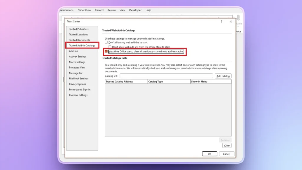 Screenshot of Microsoft Office Trust Center settings highlighting "Trusted Add-in Catalogs" and the option to clear previously-started web add-ins cache.