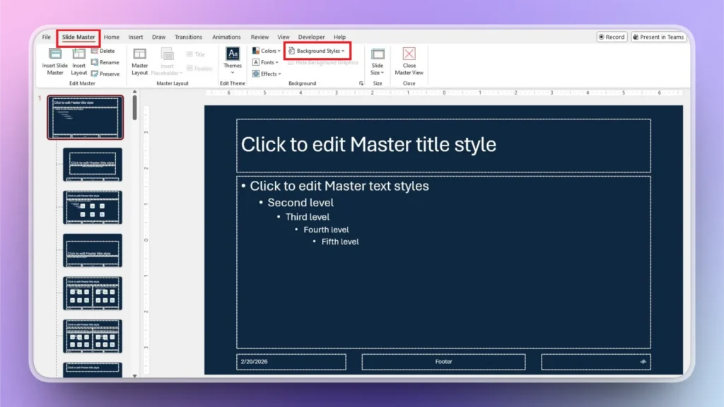 Screenshot of PowerPoint Slide Master view with dark blue slide background and editing options.