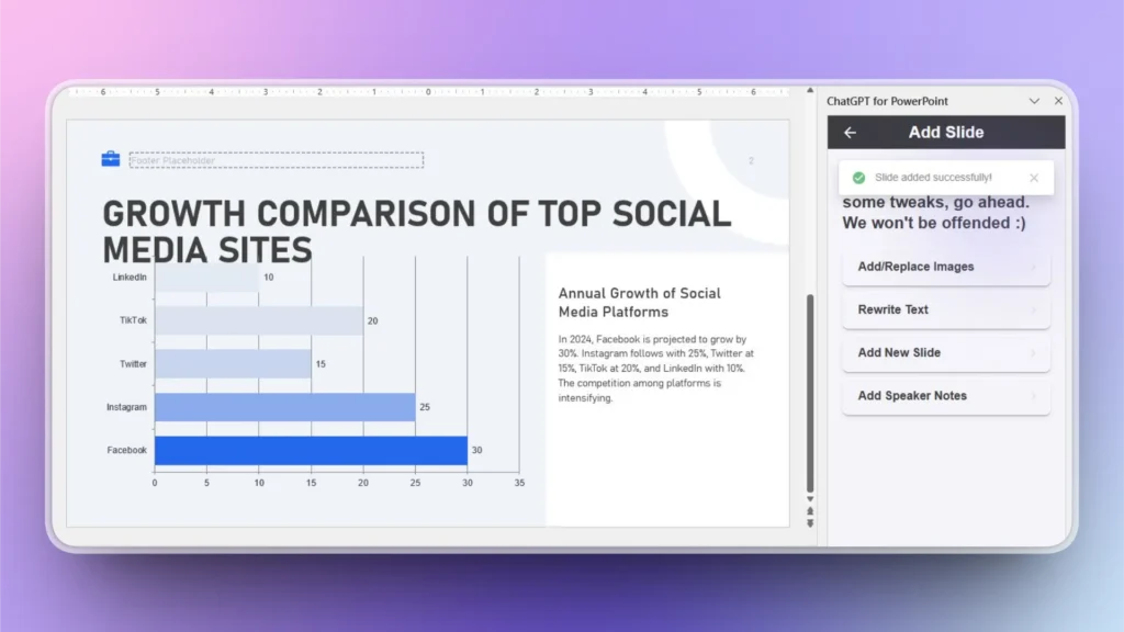 Screenshot of a PowerPoint slide showing a bar chart comparing social media growth rates in 2024.