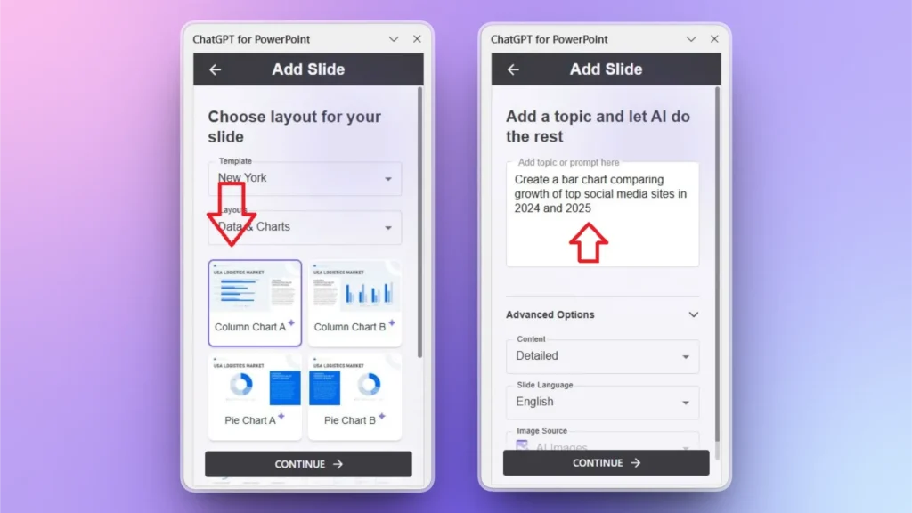 Screenshot of ChatGPT for PowerPoint interface showing slide layout selection and AI prompt input.