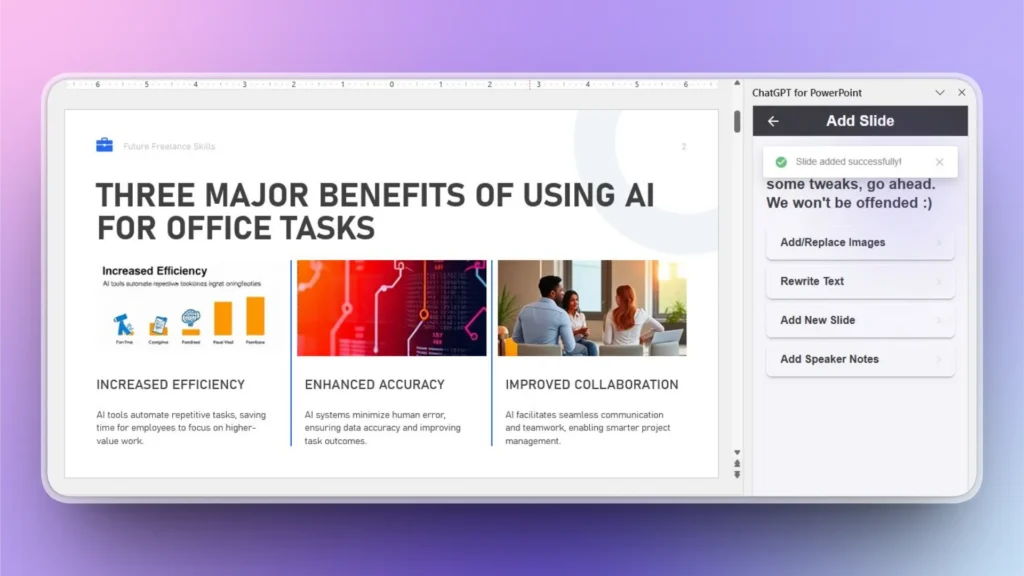 PowerPoint slide titled "Three Major Benefits of Using AI for Office Tasks" with text and images.