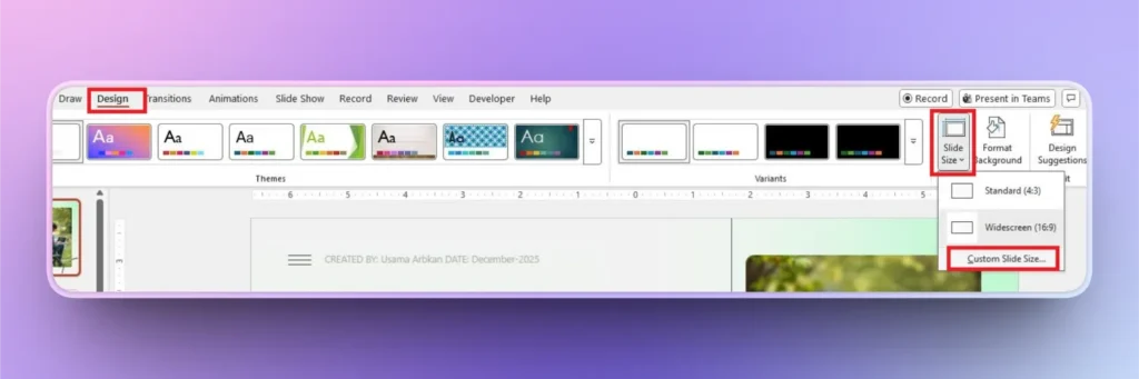 Screenshot of a presentation software Design tab with Slide Size and Custom Slide Size options highlighted.