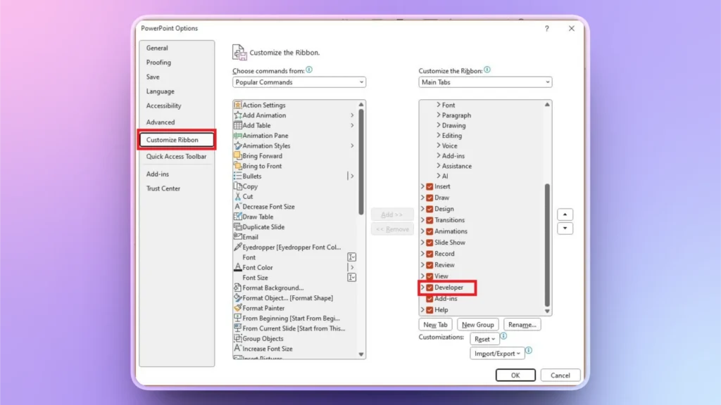 PowerPoint Options window showing Customize Ribbon settings with Developer tab enabled.