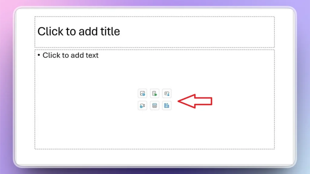 Blank PowerPoint slide with text placeholders and a red arrow pointing to the insert chart icon.