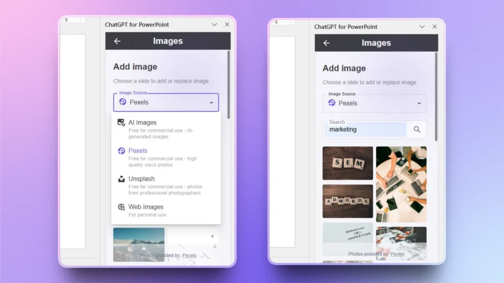 Screenshots of ChatGPT for PowerPoint interface showing image source selection and marketing image search results.