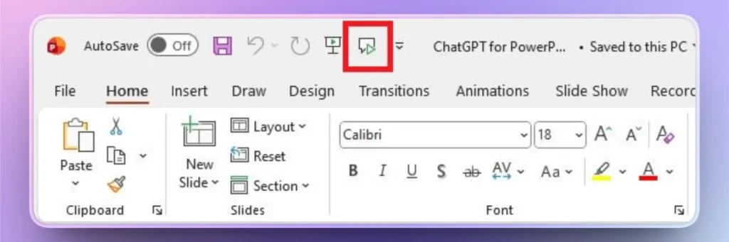Screenshot of Microsoft PowerPoint toolbar with Home tab and AutoSave off.