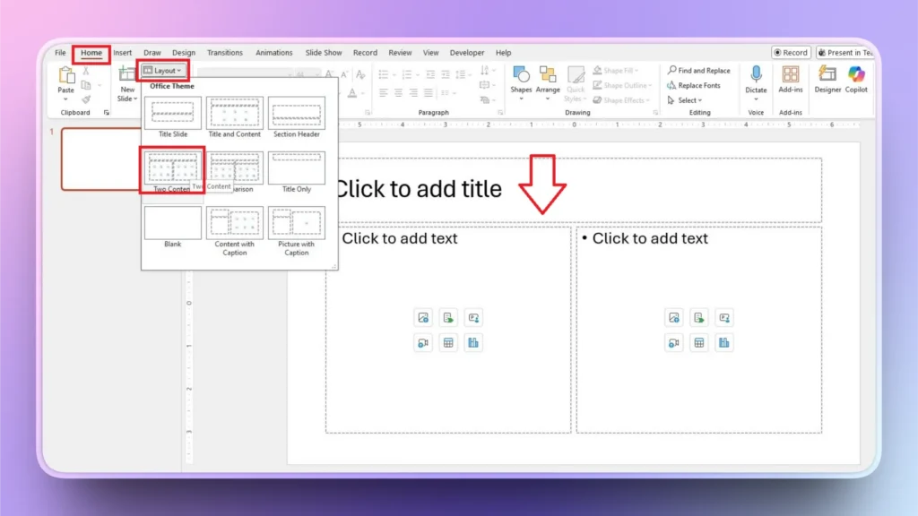 Screenshot of Microsoft PowerPoint interface highlighting the Home tab and Layout dropdown menu with the Two Content slide layout selected.