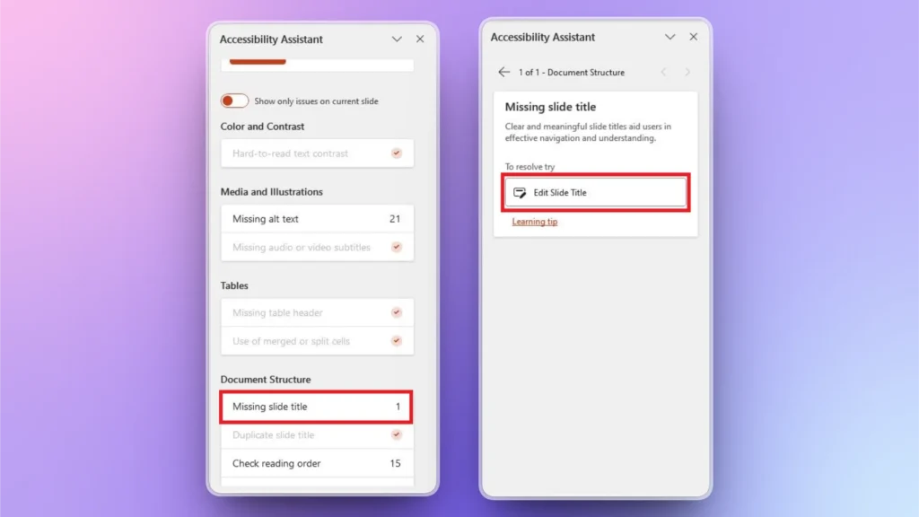 Two Accessibility Assistant panels displaying document structure issues, highlighting missing slide title alerts.