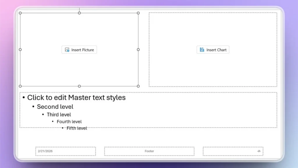Screenshot of a blank presentation slide layout with placeholders for image, chart, and text editing.