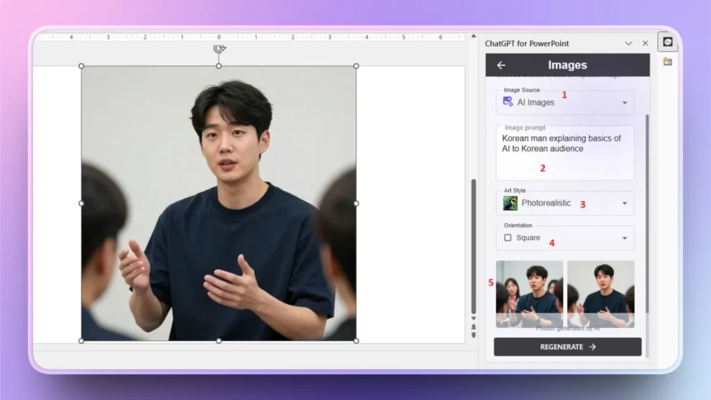 Screenshot of PowerPoint with photo of Korean man explaining AI, and ChatGPT for PowerPoint sidebar.