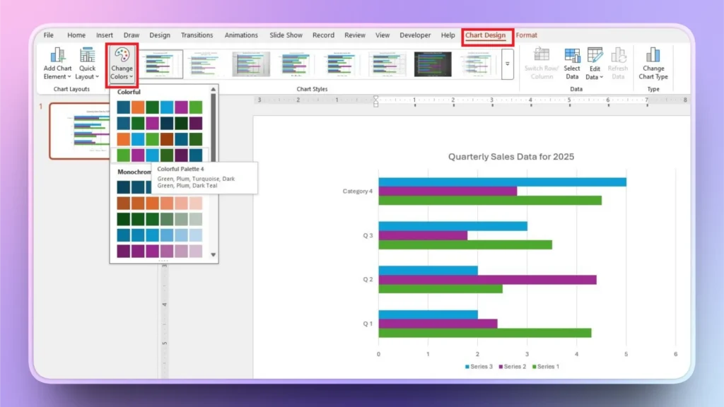 Screenshot of a presentation software interface showing a horizontal bar chart and color palette options.