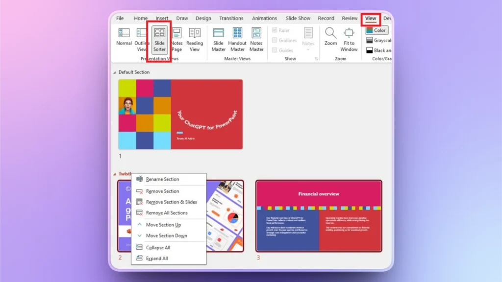 Screenshot of PowerPoint Slide Sorter view with menu options, highlighted View tab and Slide Sorter button.